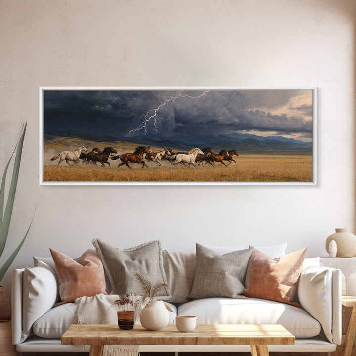 Wild Horses In Storm Wall Art, Western Landscape Canvas Print, Lightning Prairie Decor, Rustic Ranch Gift For Horse Lover