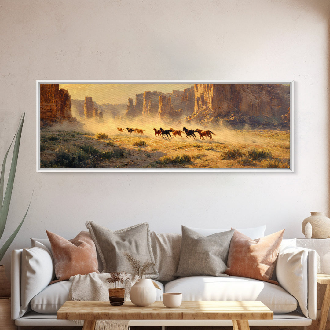Wild Horses Running Through Desert Canyon Wall Art, Western Landscape Canvas Print, Southwest Decor, Rustic Living Room Art