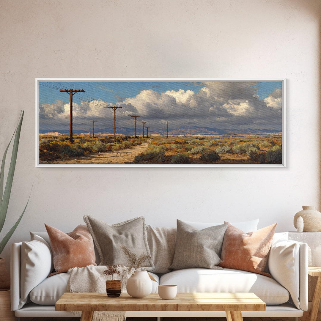 Desert Telephone Poles And Storm Clouds Wall Art, Western Landscape Canvas, Rustic Southwest Decor, Panoramic Print For Living Room