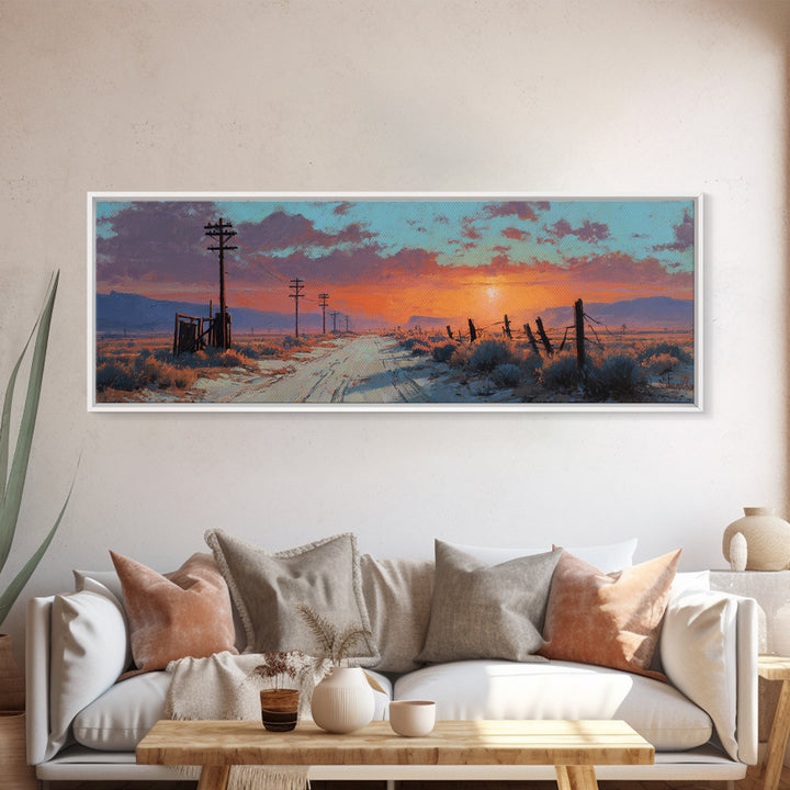 Snowy Country Road Sunset Wall Art, Rustic Winter Landscape Canvas, Farmhouse Decor, Wide Horizontal Print, Cozy Gift For Her