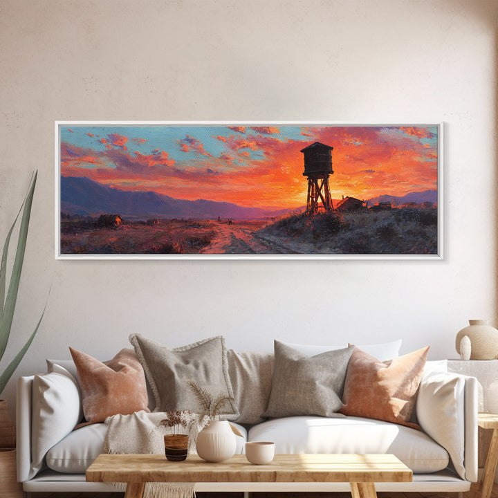 Sunset Water Tower Wall Art, Rustic Western Landscape Canvas Print, Farmhouse Country Decor, Warm Above Sofa Living Room Art Gift