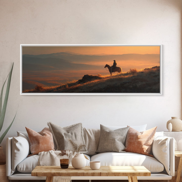 Cowboy Sunset Mountain Landscape Wall Art, Western Horse Rider Canvas Print, Rustic Ranch Decor, Masculine Office Art Gift