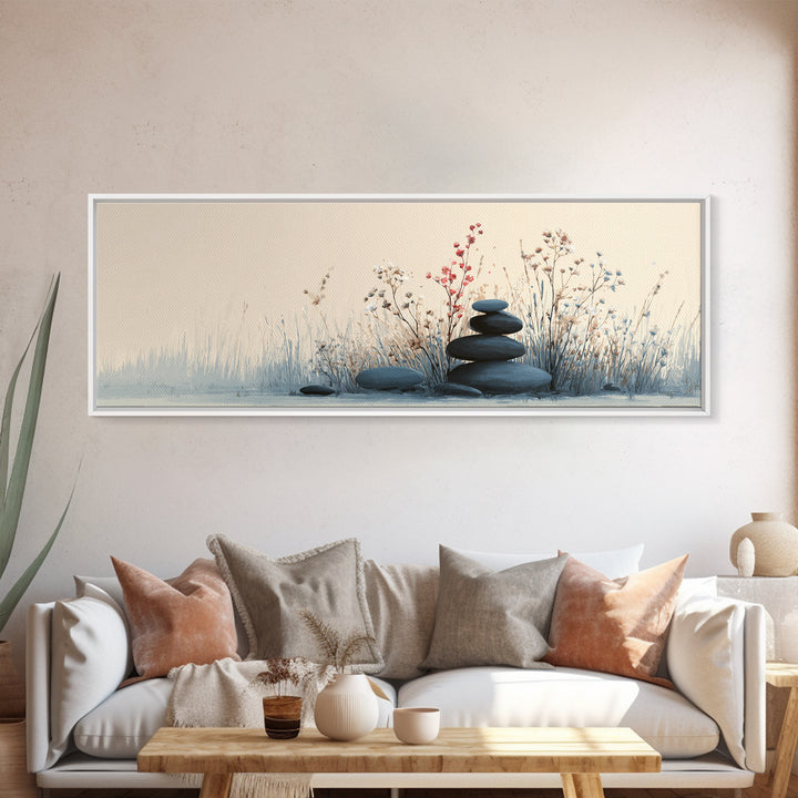 Zen Stacked Stones Wall Art, Minimalist Floral Canvas Print, Calming Spa Decor, Meditation Room Art, Neutral Home Decor Print