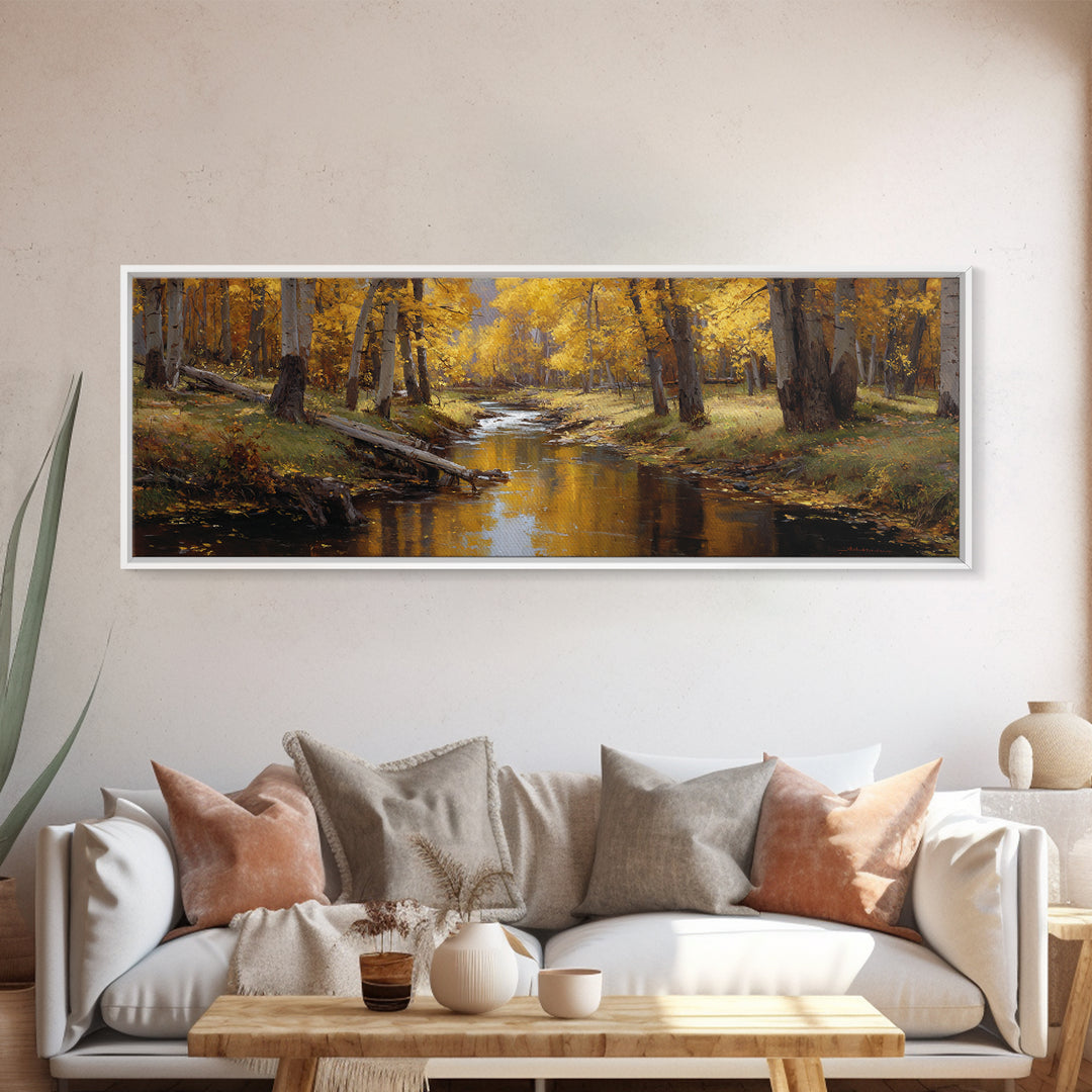 Golden Autumn Forest Creek Wall Art, Impressionist Aspen Landscape Canvas, Warm Nature Print, Rustic Living Room Decor, Cozy Home Decor