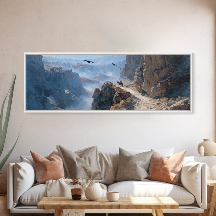 Snowy Mountain Canyon Rider Canvas Print, Western Landscape Wall Art, Eagle Wilderness Decor, Rustic Office Gift For Him