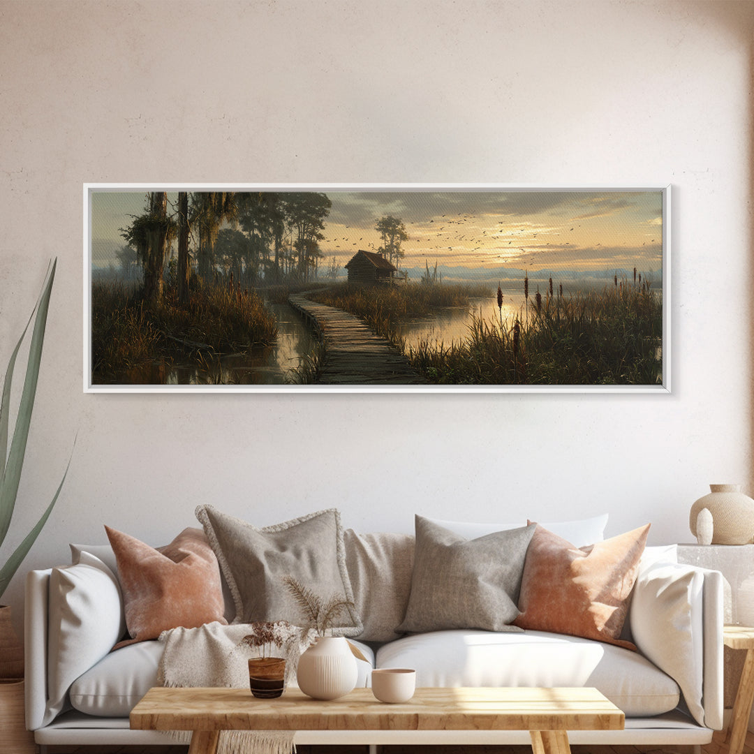 Misty Marsh Boardwalk Cabin Sunrise Birds Wall Art, Serene Wetlands Landscape Canvas Print, Rustic Nature Decor, Lake House Gift