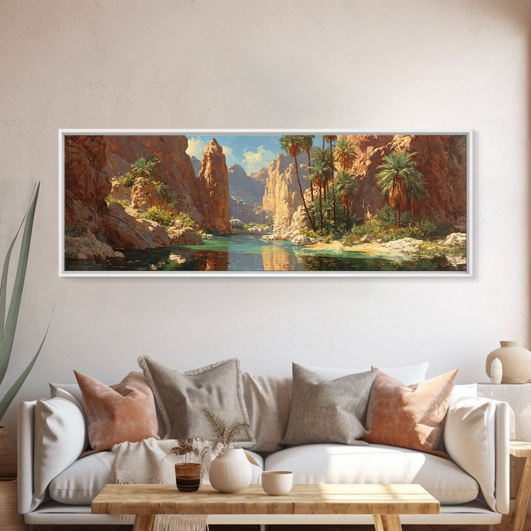 Desert Canyon Oasis Framed Canvas Print, Palm River Landscape Wall Art, Southwestern Decor, Large Panoramic Nature Print