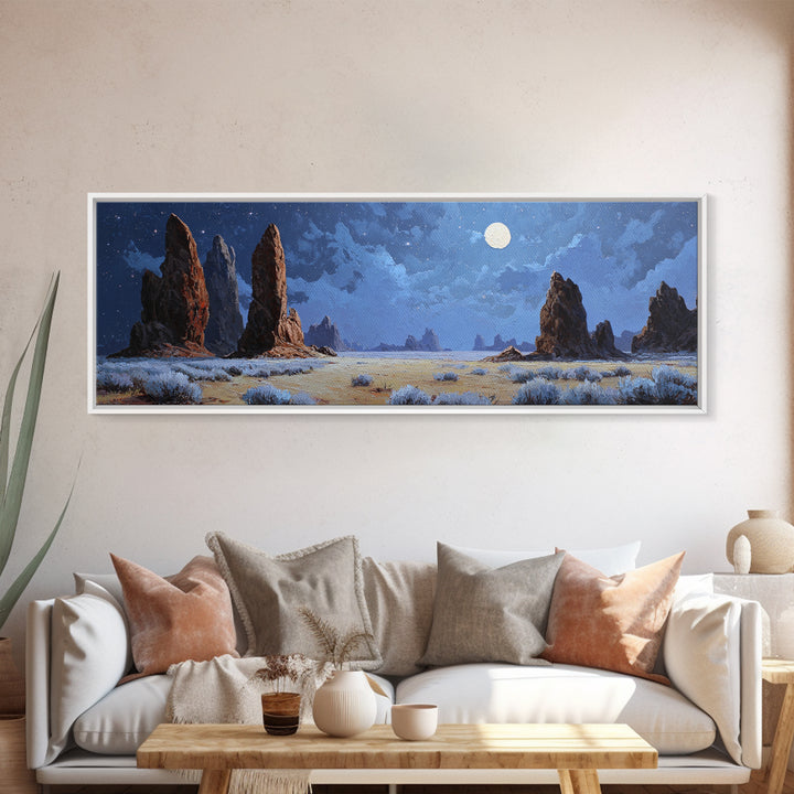 Moonlit Desert Rock Spires Canvas Print, Surreal Landscape Wall Art, Night Sky Decor, Southwestern Art, Moody Bedroom Wall Art