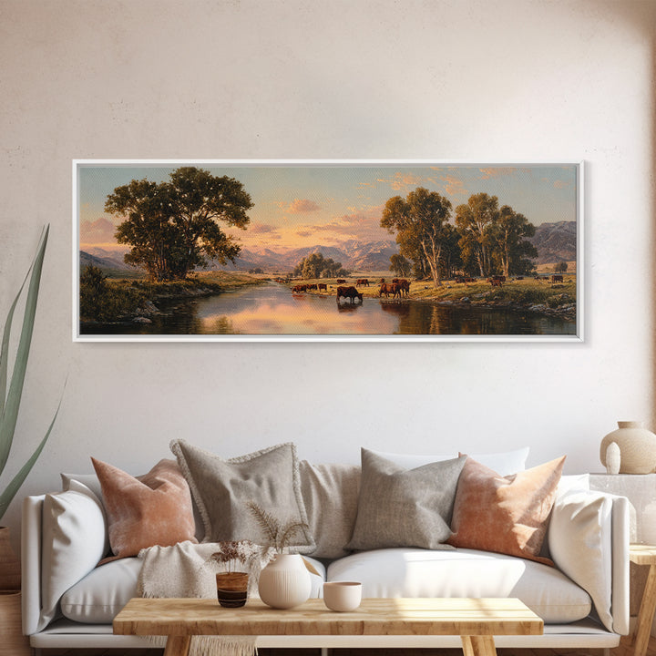 Pastoral River Cattle Valley Wall Art, Mountain Ranch Landscape Canvas, Western Farmhouse Print, Rustic Home Decor, Large Living Room Decor