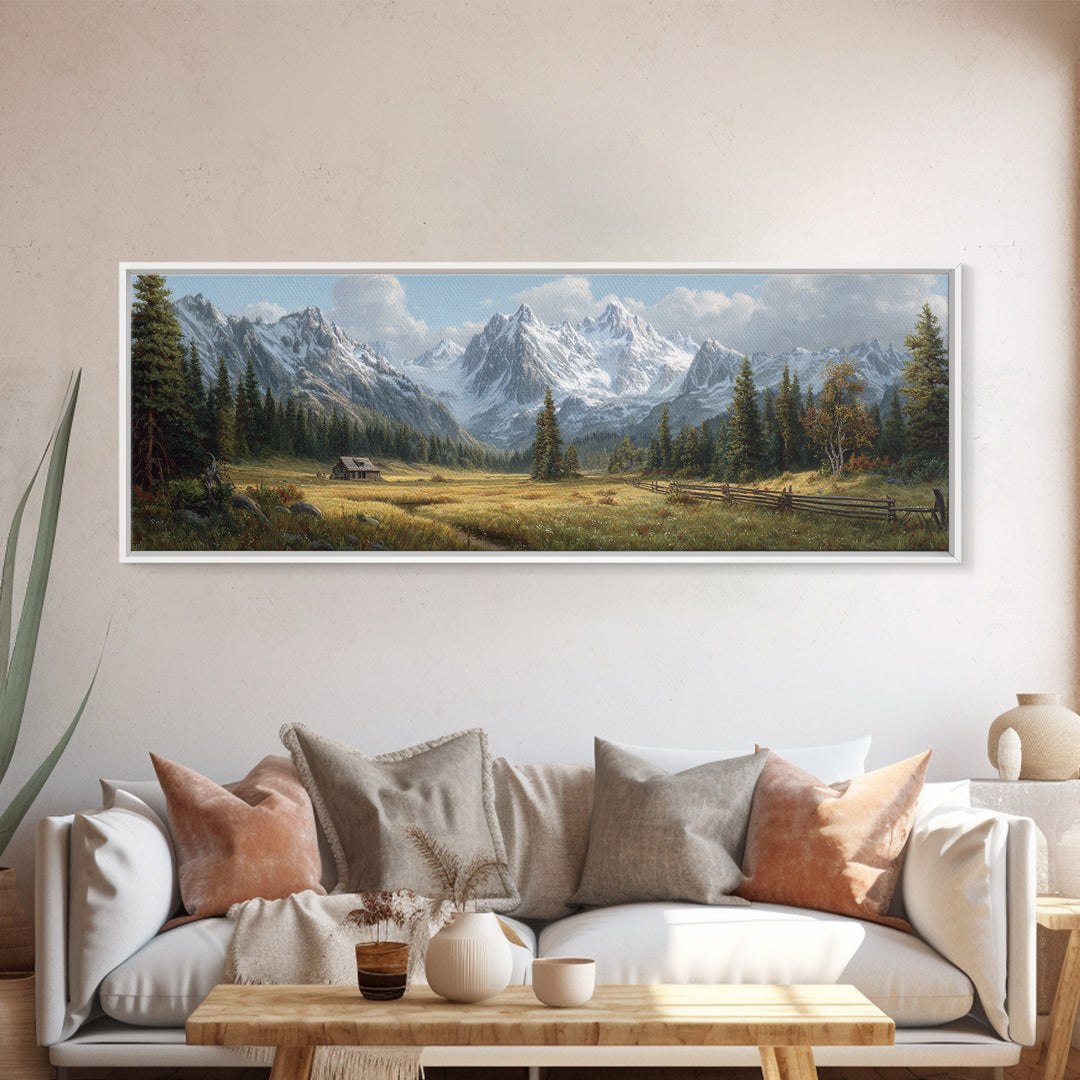 Alpine Meadow Cabin And Snowy Mountains Framed Canvas Print, Landscape Wall Art, Rustic Farmhouse Living Room Decor Gift