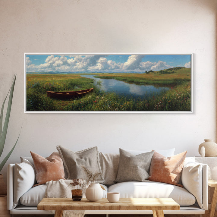 Peaceful Meadow River Boat Wall Art, Panoramic Landscape Canvas Print, Lake House Decor, Nature Wall Decor, Above Sofa Art
