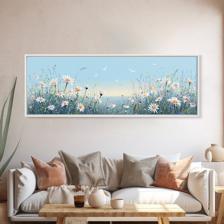 Blue Daisy Meadow Wall Art, Coastal Wildflower Canvas Print, Serene Nature Decor, Nursery Bedroom Art, Housewarming Gift