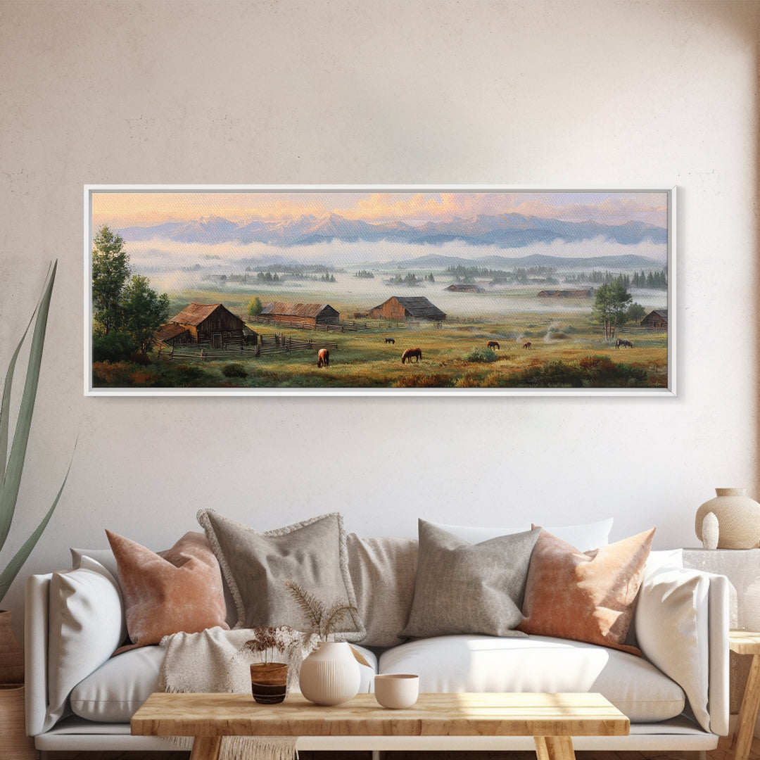 Misty Mountain Ranch Wall Art, Rustic Farmhouse Landscape With Cattle, Country Home Decor, Large Living Room Canvas Print