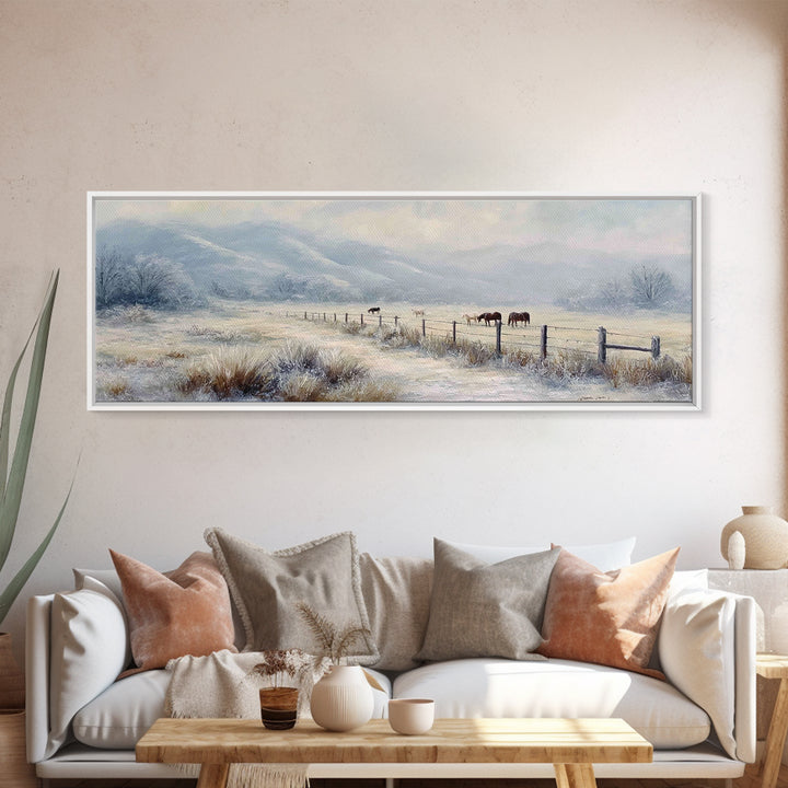 Snowy Pasture Horses Wall Art, Winter Ranch Landscape Canvas Print, Rustic Farmhouse Decor, Country Living Room Gift For Her