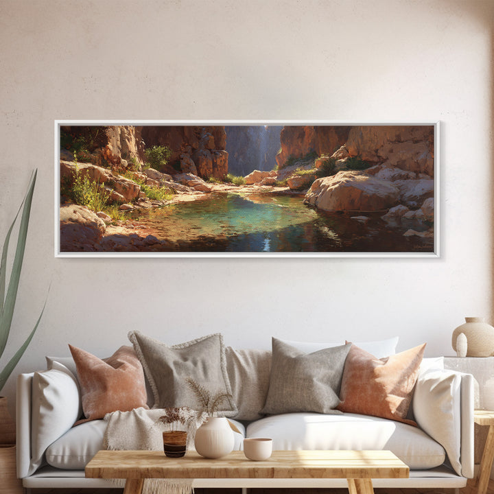 Turquoise Canyon Oasis Stream Wall Art, Desert Landscape Painting, Southwestern Decor, Nature Canvas Print For Living Room