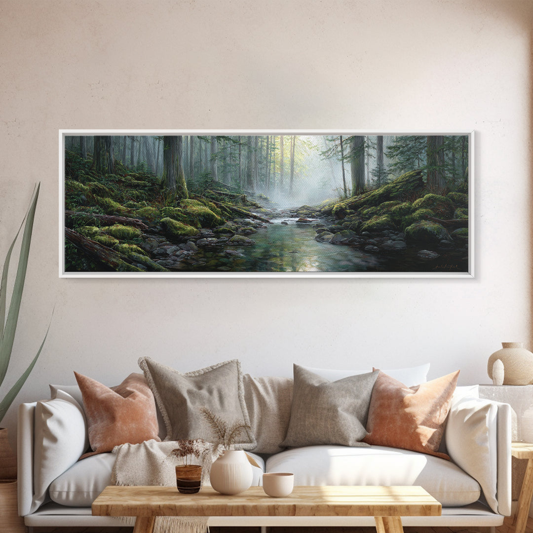 Misty Forest Stream Landscape Wall Art, Mossy Woodland Canvas Print, Nature Decor, Cabin Wall Decor, Calming Office Art Print