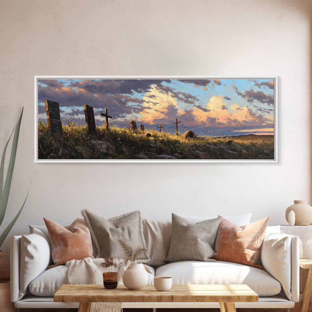 Prairie Hill Crosses Wall Art, Rustic Christian Landscape At Sunset, Spiritual Farmhouse Living Room Decor, Large Canvas Print