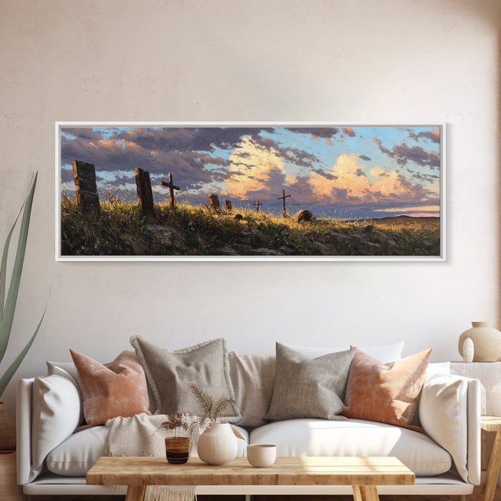 Prairie Hill Crosses Wall Art, Rustic Christian Landscape At Sunset, Spiritual Farmhouse Living Room Decor, Large Canvas Print
