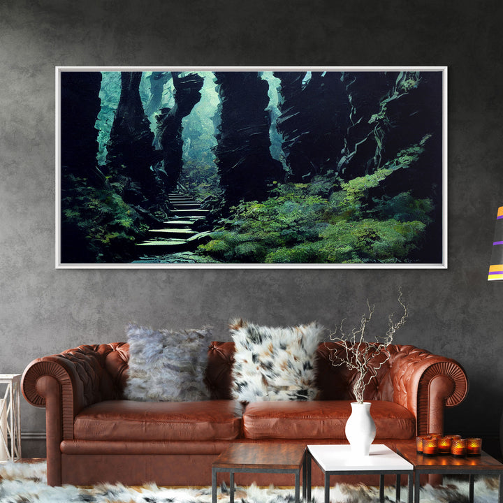 Fantasy Forest with Temple Steps, Wall Decor, Ready To Hang Framed Canvas Print, Oversize Wall Art