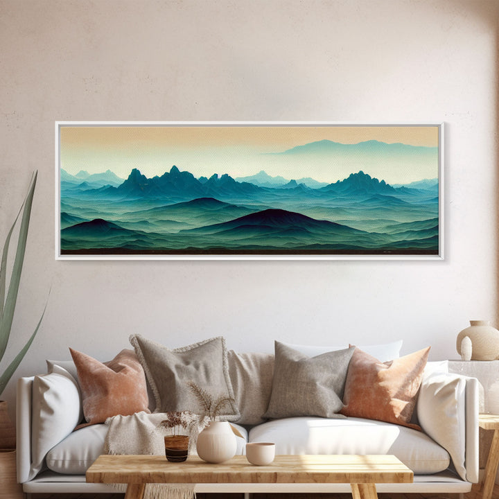 Emerald Green Rolling Hills and Mountains, Landscape Art, Ready To Hang Canvas Print, Framed Wall Art