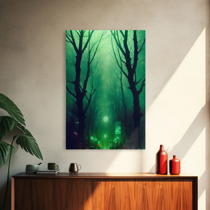 Emerald green city streets under a full moon, cool spooky art, framed canvas print