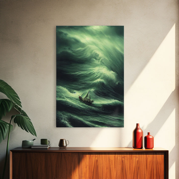 Sailboat in a hurricane, watercolor painting, framed canvas print, sailing in the eye of the storm
