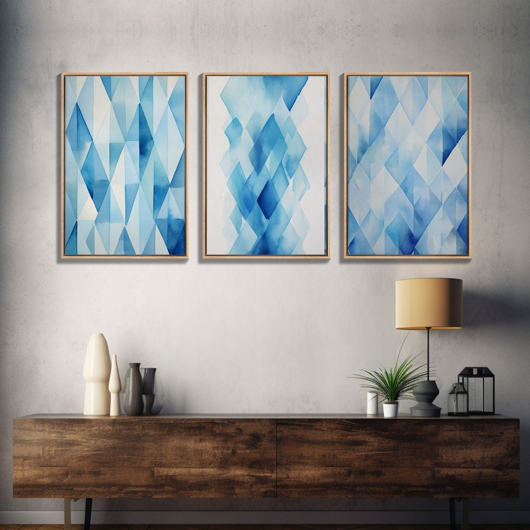 Watercolor Blue Geometric Pastel Diamond Art, Framed Canvas Print, Minimalist / Abstract Midcentury Modern Art, MCM Art, Living Room Decor