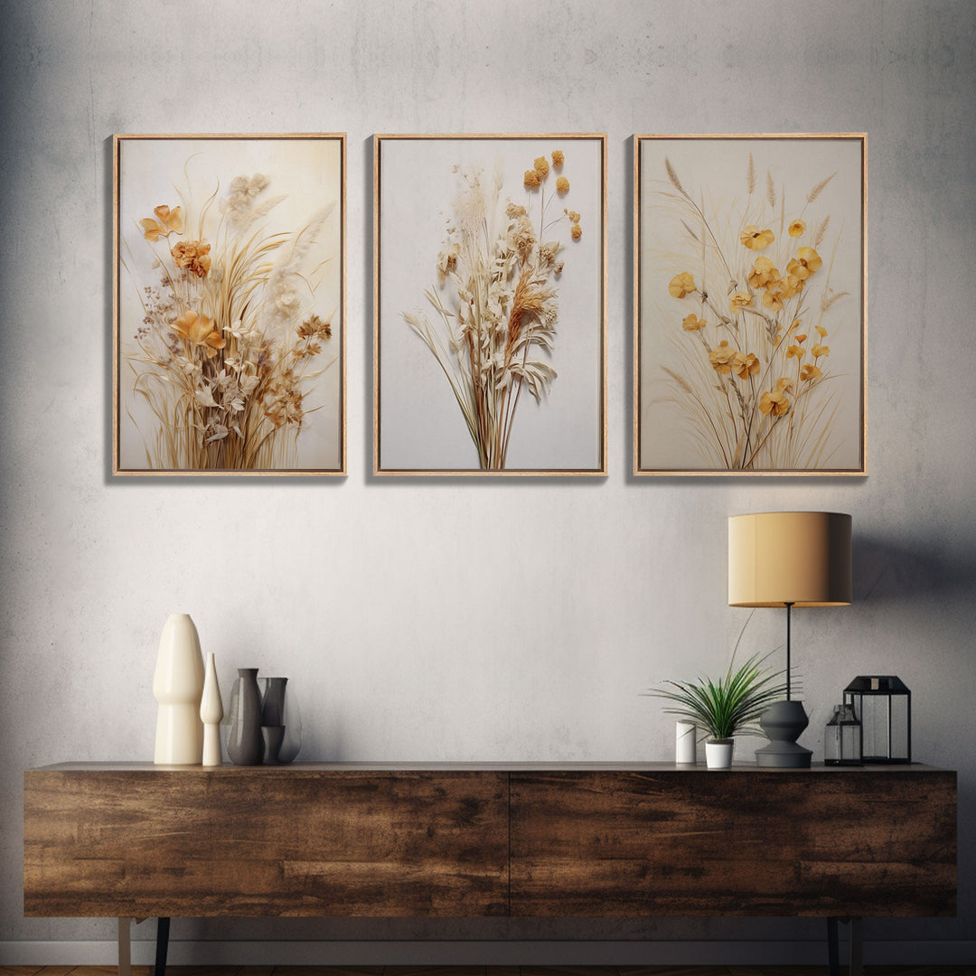 Framed Canvas Wall Art Set of 3, Modern Farmhouse Decor, Botanical Prints, Neutral Colors, Minimalist Art, Boho Home Decor