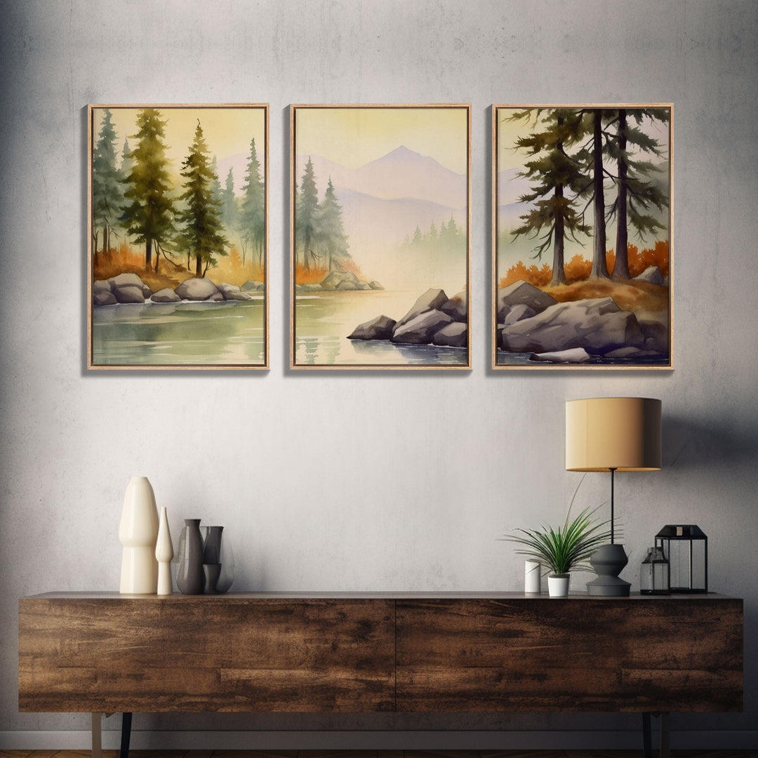 Beautiful Wall Art 3 Piece Canvas Print Framed Wall Decor, Watercolor Landscape Painting Print, Pacific Northwest, Oregon Art