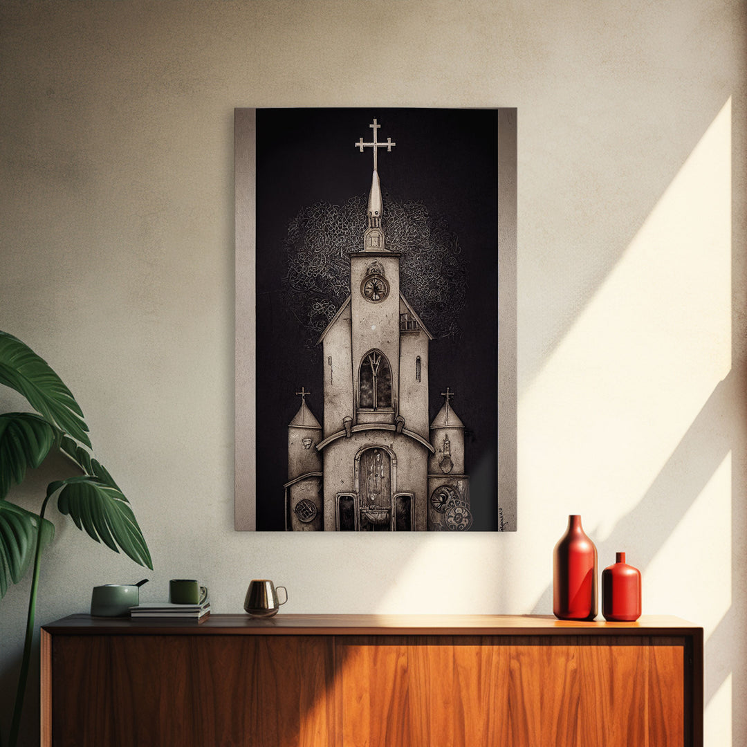 Gothic Church, Framed Canvas Print, Ready To Hang Framed Wall Art, Living Room Decor