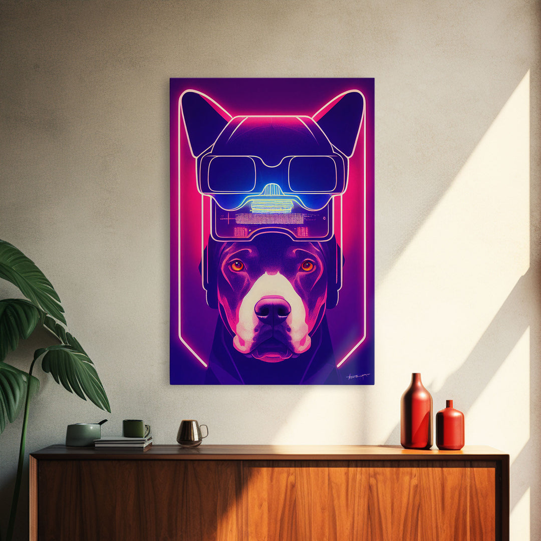 Cyberpunk Pitbull Portrait, Futuristic Dog Portrait, Framed Canvas Print, Ready To Hang Framed Wall Art, Living Room Wall Hanging