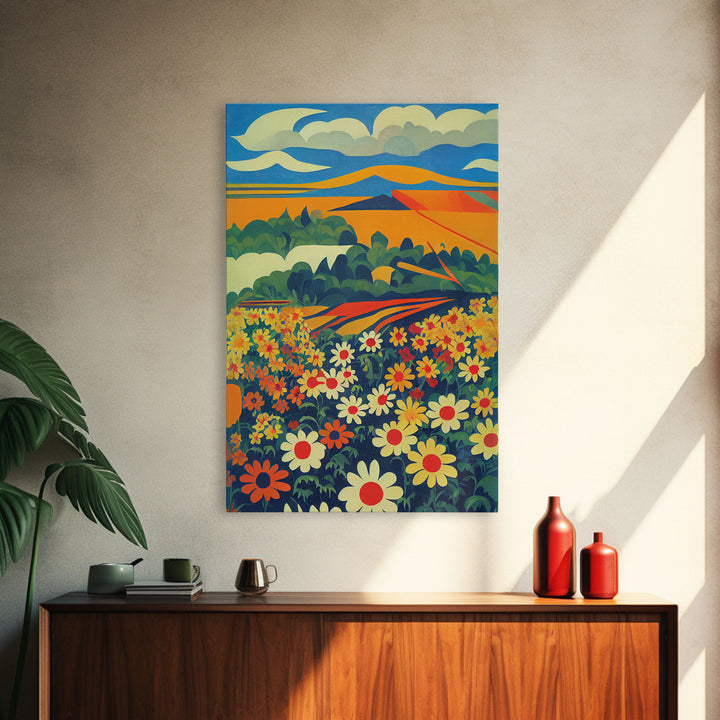 Surrealist field of daisy flowers, daisies, psychedelic art, Framed Canvas Print, Ready To Hang Framed Wall Art