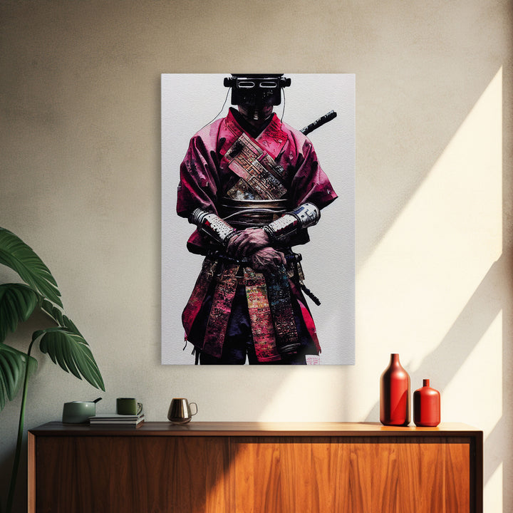 Portrait of a Cyberpunk Samurai with Cybernetic augments, Framed Canvas Print, Ready To Hang Framed Wall Art