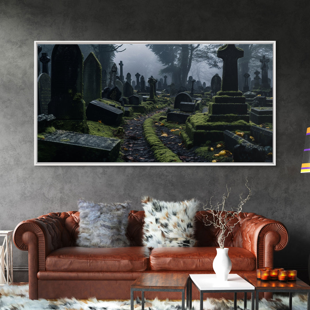 Moss Covered Cemetary, Haunted Graveyard Photography, Halloween Decor, Framed Canvas Print, Halloween Wall Art