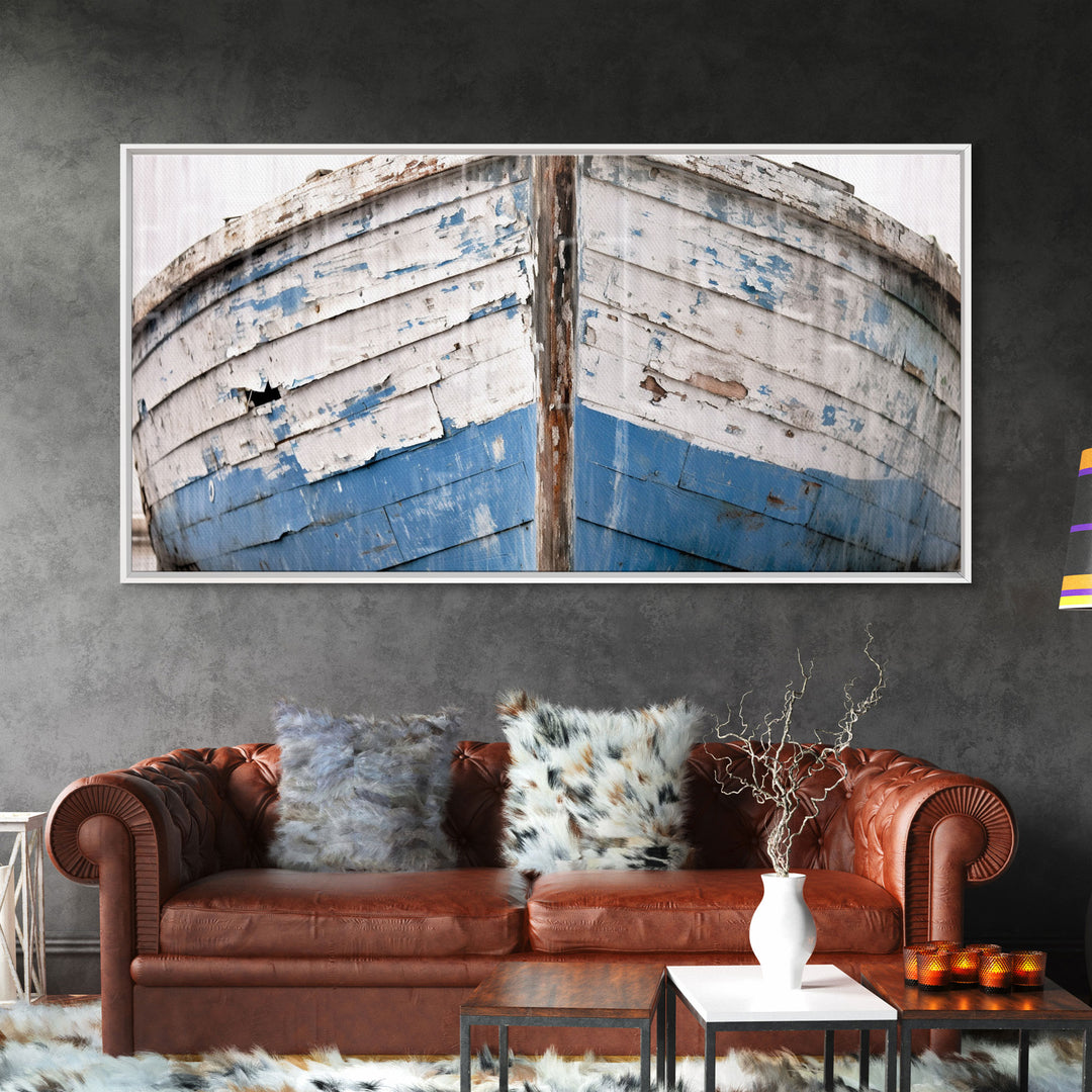 Photo Of An Old Wooden Boat With Peeling Paint, Framed Canvas Print, Nautical Wall Art, Lakehouse Decor