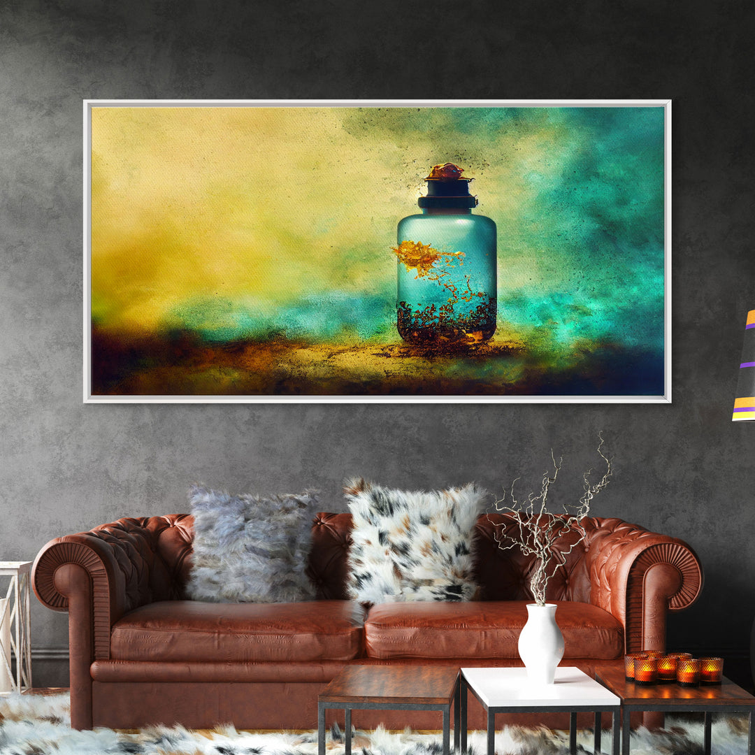 Mini world in a bottle, colorful miniature world art, framed canvas print, ready to hang framed wall art