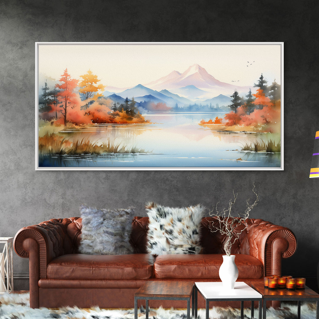 Lake Art. Mountains Wall Art, Fall Art, Nature Art, Watercolor Wall Art, Canvas Print, Wall Hanging, Panoramic Art, Farmhouse Wall Art