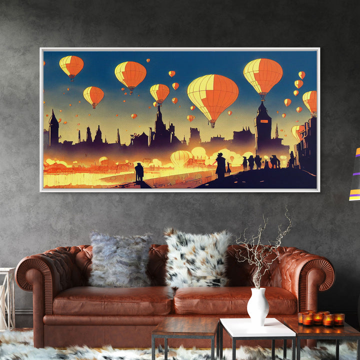 Flight of the balloons, hot air balloon armada, framed canvas print, ready to hang framed wall art