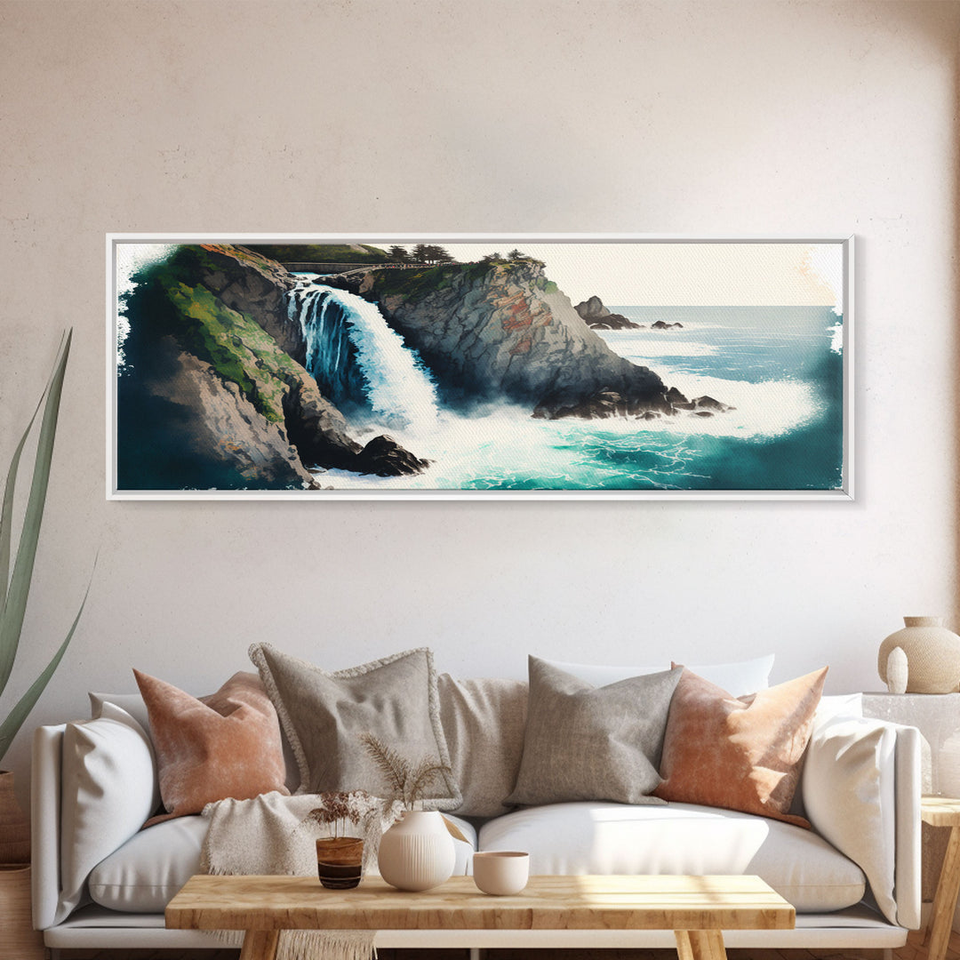 Panoramic Framed Canvas Print - Watercolor Fantasy Waterfall - Home Decor, Living Room, Secret Water Fall, Fantasy Art