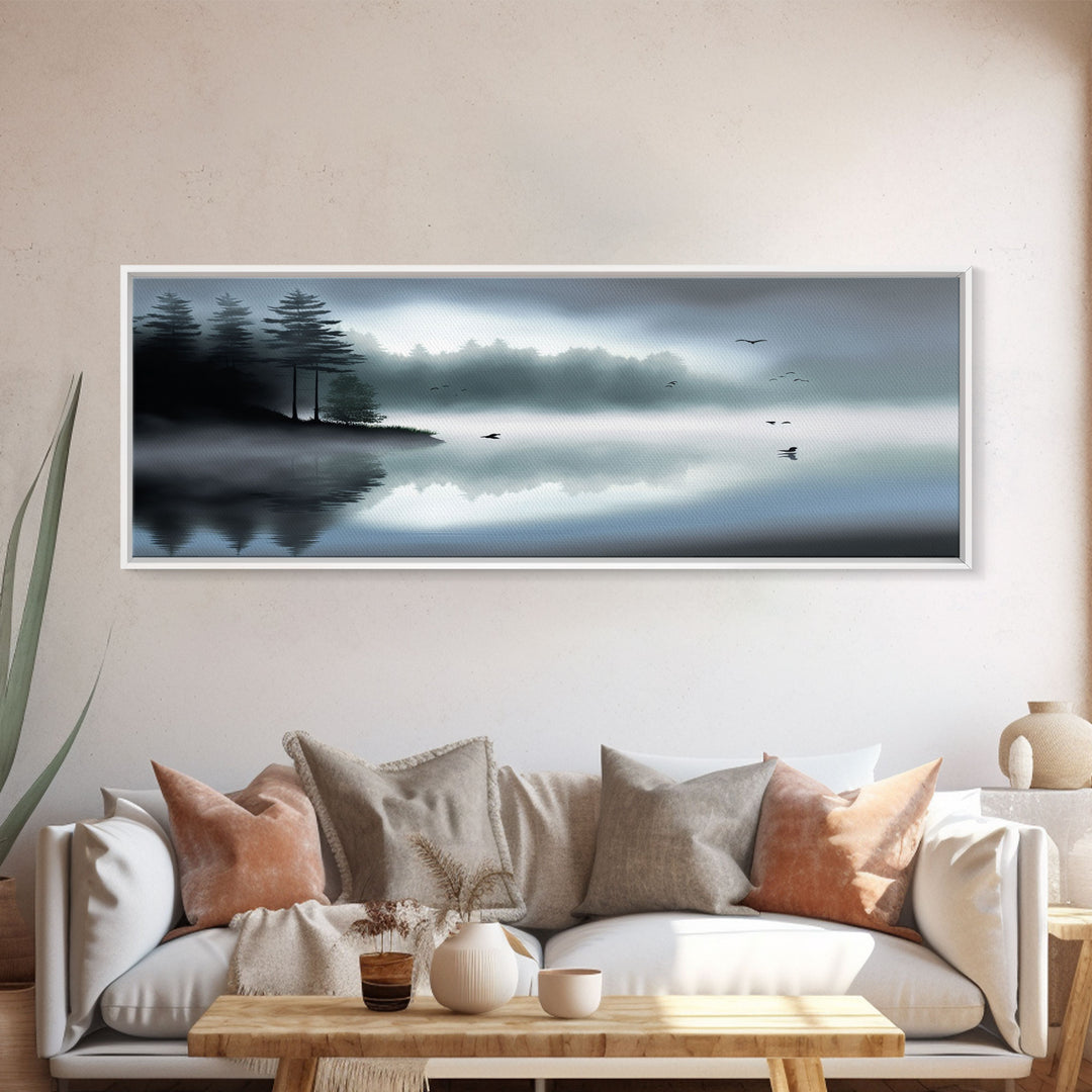 Pacific Northwest Lake & Pine Tree Forest Foggy Watercolor Canvas Print - Framed Panoramic Wall Art Home Decor