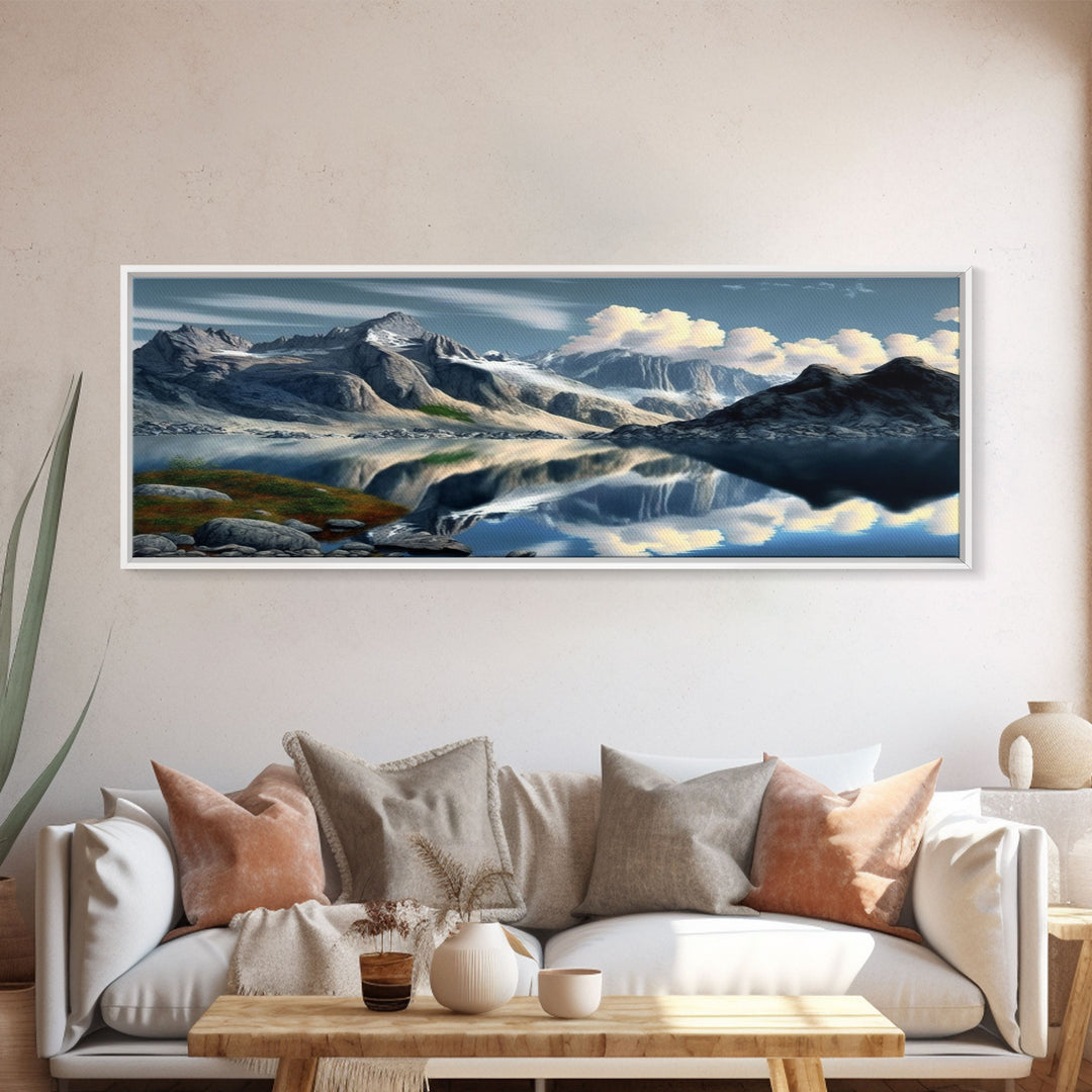 Panoramic Framed Canvas Print of Snow Covered Mountain & Reflection in Lake - Watercolor Landscape Painting for Home Decor