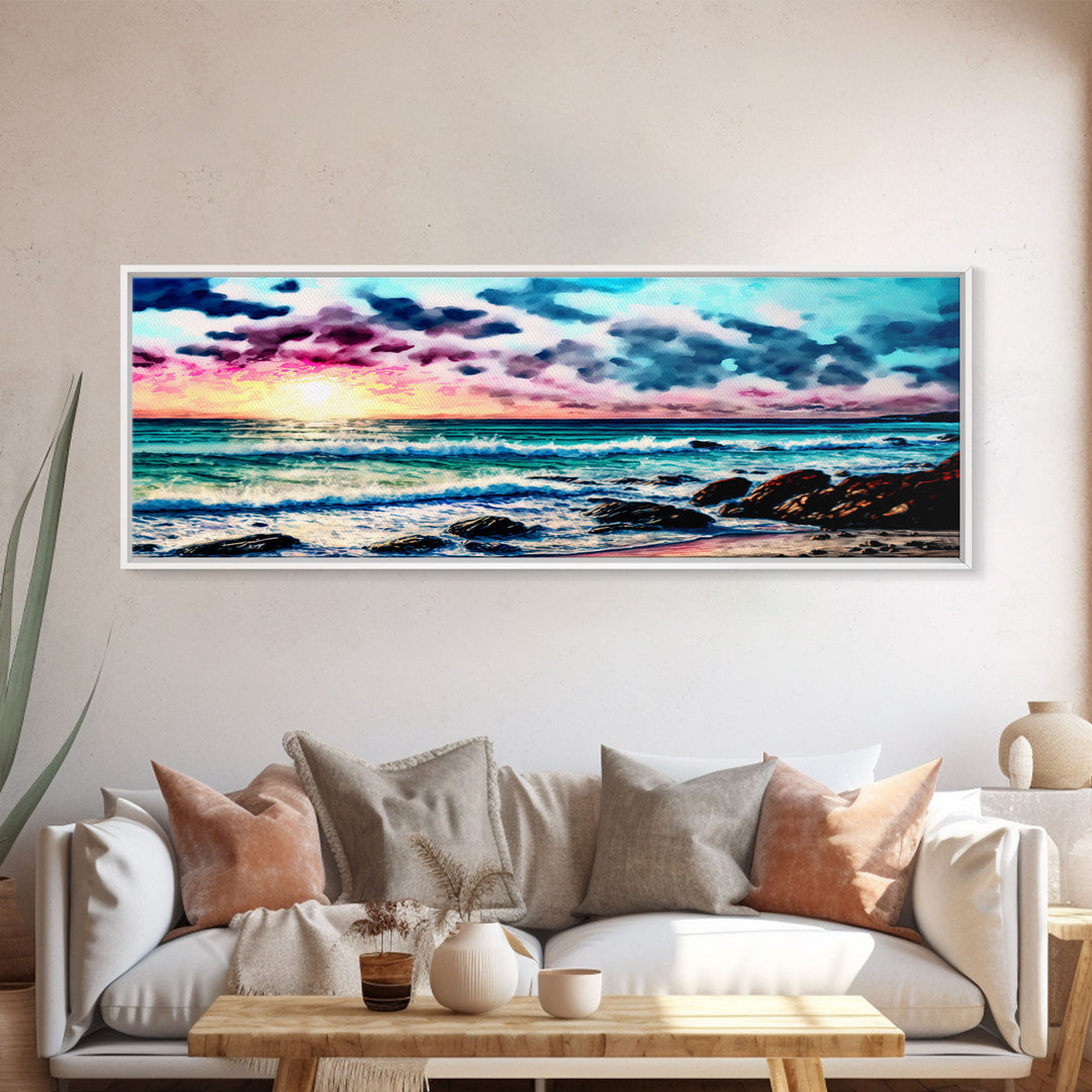 Vibrant Beach Panoramic Framed Canvas Print - Watercolor Landscape Painting with Clouds & Waves - For Home or Office Decor