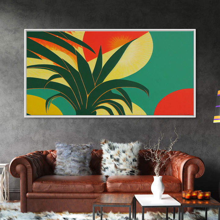 Midcentury Style Art Deco Palm Leaf, Framed Canvas Print, Framed Art, Wall Decor, Palm Tree, Tropical Art, green and gold art