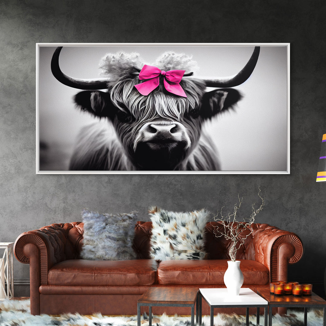 Cute Highland Cow wearing a Bow, Pink Bow on a Cute Cow, framed canvas print, black and white farmhouse cow art