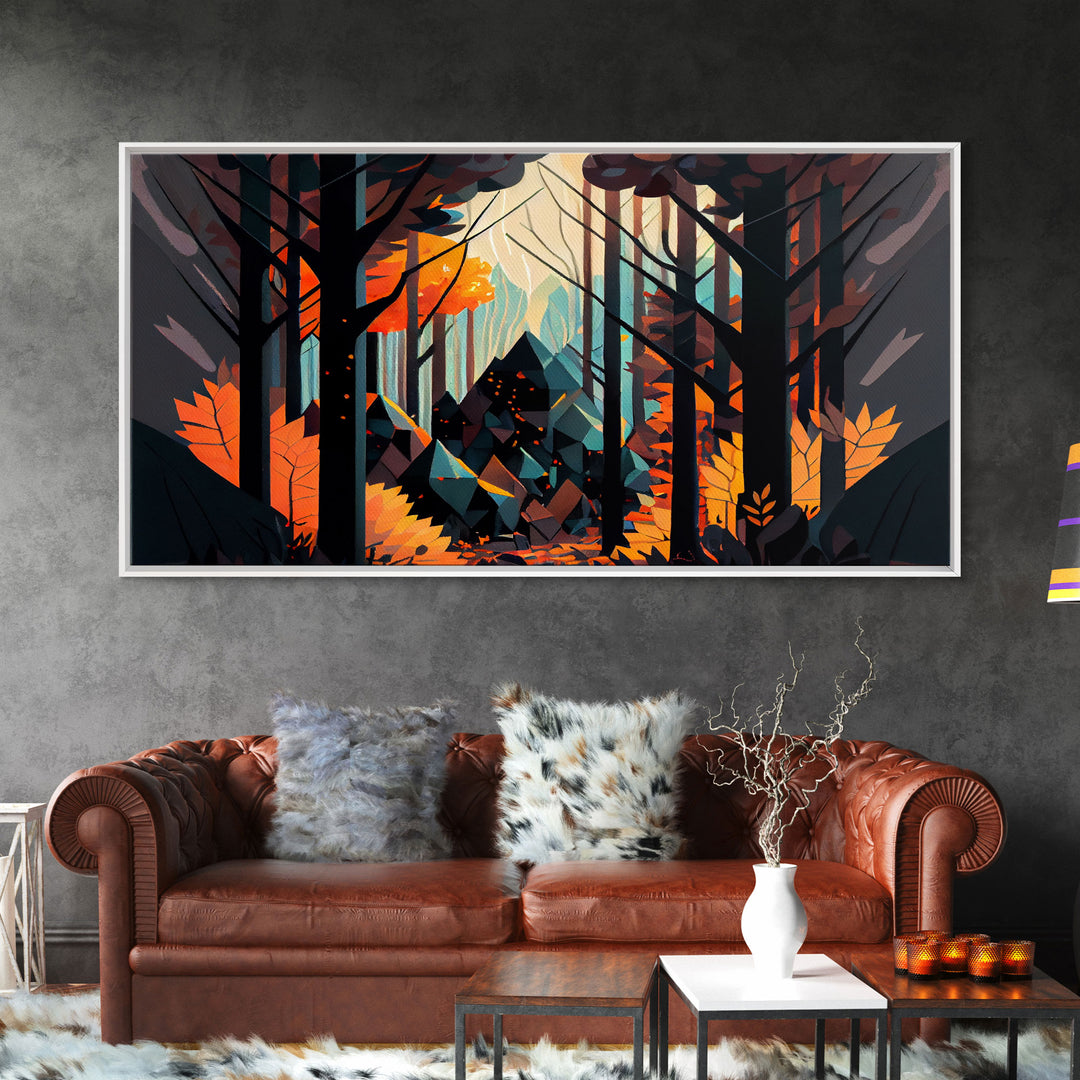 Forest fire seen through a kaleidoscope, framed canvas print, wall art