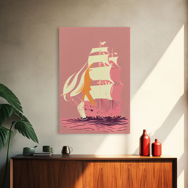 Pastel pirate ship, pink boat, vaporwave pirate ship, framed canvas print, framed wall art