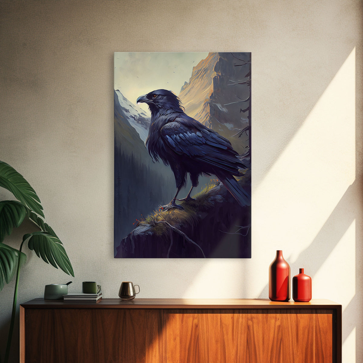 Portrait of a raven in the mountains, crow art, framed canvas print, framed wall art