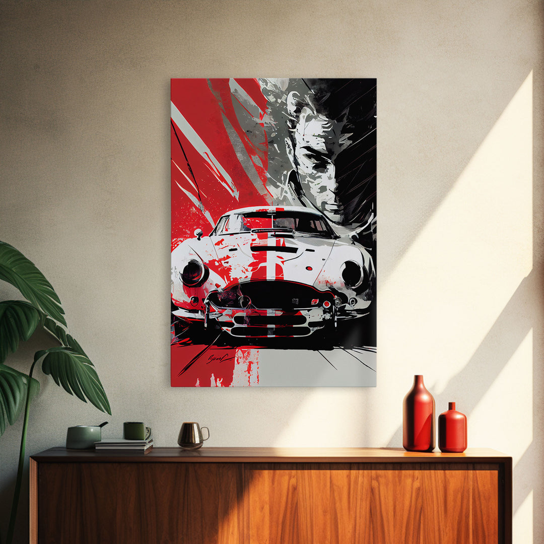 Vintage sports car graffiti art, framed canvas print, wall decor, mancave art