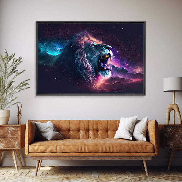 Cosmic Roar, lion roaring at the stars, synthwave galaxy and lion art, framed canvas print, unique framed wall art