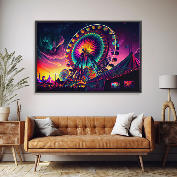 Synthwave ferris wheel watercolor art, framed canvas print, colorful vibrant wall decor, framed wall art